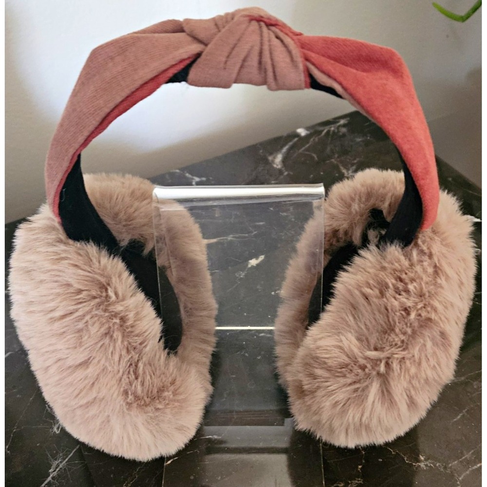 Women's Foldable Faux Fur Earmuffs in Beige with Tan & Samon Headband One Size